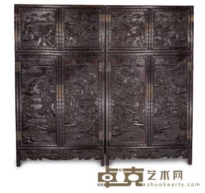 清中期 紫檀雕山水四件柜（二件） 215×117.5×48cm